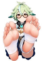 1girls after_footjob ai_generated amber_eyes barefoot cum cum_on_feet feet feet_up foot_fetish foot_focus genshin_impact glasses green_hair neutral_expression offering_feet_to_viewer pov pov_eye_contact pov_feet soles solo_female stirrup_legwear su_whore_(artist) sucrose_(genshin_impact) white_background