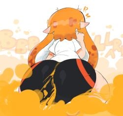 !? fart female female_focus inkling inkling_girl kaori_(splatoon) nintendo novacartridge_(artist) orange_hair shocked shorts solo solo_focus solo_male splatoon splatoon_(series) surprised wet_fart