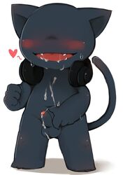 2017 anthro black_body blush cum cum_on_self eyeless fangs feline headphones male male_only mammal milk_(artist) monstercat monstercat_media nude open_mouth partially_retracted_foreskin penis simple_background solo standing sweat uncut white_background young