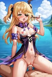 1boy ai_generated beach blonde_hair blue_sky blush breasts cloud cloudy_sky cowgirl_position cum cum_in_pussy cum_on_body cum_on_breasts cum_on_stomach day eyepatch facial female fischl_(genshin_impact) genshin_impact green_eyes hair_over_one_eye horizon lake long_hair looking_at_viewer navel nipples nude ocean open_mouth outdoors penis pool purple_bow pussy sex shore sky small_breasts straddling straight sweat tongue tongue_out two_side_up uncensored vaginal_penetration water