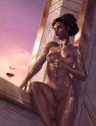 arcane areola areolae big_breasts body_markings breasts completely_naked completely_naked_female completely_nude completely_nude_female dark-skinned_female dark_skin dreadlocks female female_focus female_only gold_jewelry krysdecker league_of_legends locks mel_medarda nipples nude nude_female sunset vagina wine wine_glass