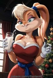 ai_generated anthro big_breasts breasts bunny_ears bunny_girl christmas christmas_outfit christmas_tree furry furry_female lola_bunny milk santanai space_jam spilling