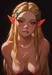 absurd_res ai_generated biting_lip biting_own_lip blonde_hair blush dark_background hanging_breasts highres long_hair medium_breasts petite pointy_ears princess_zelda the_legend_of_zelda triforce