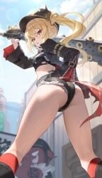 1girls ass blonde_hair booty_shorts brat bratty dat_ass female helmet leather_boots legs low-angle_view luciana_de_montefio petite pig ponytail red_eyes spiked_club zenless_zone_zero