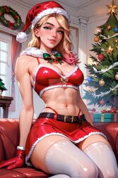 ai_generated blonde_hair christmas christmas_clothing christmas_outfit gwen_stacy marvel marvel_comics medium_breasts naughtygirlsai santa_costume santa_hat short_hair skinny thong_above_skirt