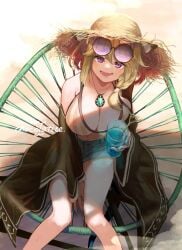 artist_request beach beach_chair bikini blonde_hair blue_drink breasts broach green_hair necklace straw_hat sunglasses tagme