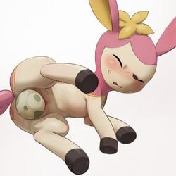 2016 blush cervine clitoris closed_eyes deerling egg egg_laying female feral hi_res hooves mammal nintendo penetration pokemon presenting pussy pussy_juice simple_background solo spreading spring_deerling vaginal_penetration video_games white_background youjomodoki