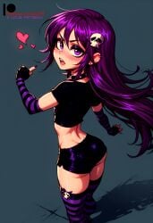 1boy ai_generated blush choker ear_piercing earrings femboy flat_chested floating_heart gloves goth gothic hair_ornament ilfb long_hair looking_at_viewer looking_back looking_up open_mouth pointing purple_eyes purple_hair shy standing thighhighs tongue trap