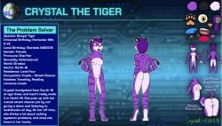 absurd_res anthro anus ass black_body black_fur black_stripes breasts crystal_the_tiger english_text felid female fur genitals hair hands_on_hips hi_res mammal measurements medium_hair model_sheet nipples nude pantherine pawpads planet presenting presenting_hindquarters purple_body purple_fur purple_hair pussy scoutthecat02 solo stripes tail text tiger white_body white_fur yellow_eyes