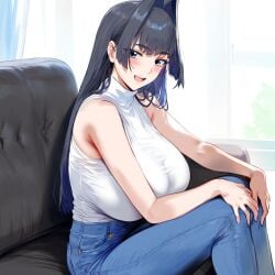 1girl 1girls ai ai_generated big_boobs big_breasts black_hair black_hair_female blue_eyes blue_eyes_female blue_hair blue_hair_female blue_jeans boobs bra bra_visible_through_clothes breasts eyelashes female female_focus female_only hands_on_knees himeno hips hololive hololive_english hololive_english_-council- inner_hair jeans light-skinned_female light_skin long_hair long_hair_female multicolored_hair ouro_kronii sitting sitting_on_couch sitting_on_sofa sleeveless sleeveless_shirt sleeveless_turtleneck smile sweater textless textless_version thick turtleneck turtleneck_sweater virtual_youtuber vtuber white_sleeveless_shirt white_sweater