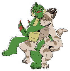 2boys anthro arm_around_shoulders barely_visible_genitalia closed_eyes crocodile crocodilian cupping_chin dandy_(legendz) dragon duo flaccid flookz flookz_(character) front_view gay grope hi_res horn legendz male male_only nude on_lap penis plantigrade reptile romantic scalie simple_background sitting smile spread_legs spreading subtle_penis white_background yaoi