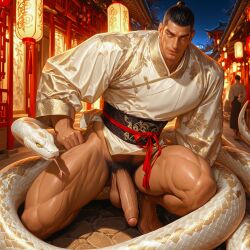 ai_generated athletic_male bara bottomless chinese_clothes dark_hair gay handsome male_only muscular_legs muscular_male naked_from_the_waist_down partially_clothed partially_clothed_male partially_nude partially_undressed smiling_at_viewer solo_male zodoai