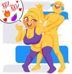 2d 3ggheads :p alternate_species bbw blush breasts brown_eyes cell_phone chubby cleavage clothed color covered_breasts covered_nipples crying drool drooling eggplant eggplant_emoji emoji emoji_(race) emoji_slut female fire heart heart-shaped_pupils heart_eyes humanoid laughing male meme message no_outlines open_mouth ponytail purple rough rough_sex sex slightly_chubby speech_bubble straight sweat teeth text text_message thigh_highs tongue vanilla yellow-skinned_female yellow_skin