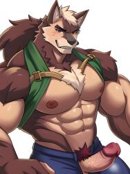 1boy abs ai_generated animal_ears anthro bara bare_pectorals blush body_hair brown_fur brown_hair bulge chest_hair clothing_cutout erection facial_hair feet_out_of_frame forked_eyebrows furry furry_male goatee hairy large_pectorals long_sideburns male_focus male_pubic_hair mature_male medium_hair muscular muscular_male naked_shirt navel navel_hair nipple_tweak nipples nude pectoral_press pectorals penis short_hair sideburns solo stable_diffusion stomach stubble thick_thighs thighs tight uncensored upper_body veins veiny_penis wolf_boy yaoi