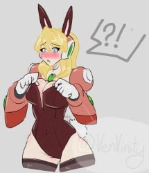 ! 1girls ? alia big_breasts black_stockings blonde_hair blue_eyes blush bunny_ears bunny_girl bunny_tail bunnysuit clothing_grab hands_on_breasts mega_man mega_man_x robot_girl