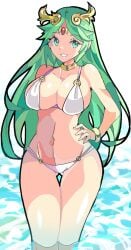 big_breasts big_thighs breasts cleavage enpe female female_only full_body green_eyes green_hair hand_on_hip huge_breasts jewelry kid_icarus legs midriff navel nintendo palutena pose smile solo stare stomach thighs water white_bikini