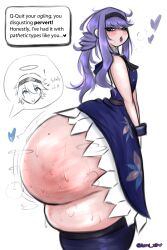 1boy 1girls annoyed blue_eyes blush cheryl_(fantasian) fantasian halo headband heart leo_(fantasian) lumi_xiii makeup princess purple_dress purple_hair purple_heart purple_lipstick scolding spank_marks spanked stockings sweaty_ass twitch_lines twitching white_gloves