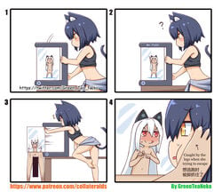 4koma animal_humanoid big_penis black_hair blush cat_humanoid caught comedy comic feet feline female funny greenteaneko hair humanoid humor imminent_rape licking licking_lips long_penis male mammal mongirl_4koma penis red_eyes sweat tan_skin tongue tongue_out white_hair