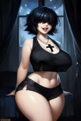 ai_generated bangs bangs_over_eyes black_hair booty_shorts crop_top crop_top_overhang goth goth_girl hair_over_eyes huge_ass huge_breasts josie_(euclidbeing) massive_breasts massive_thighs midriff original_character short_hair shorts smiling smiling_at_viewer thick_thighs