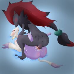 anthro ass blush bodily_fluids cum duo ejaculation female generation_5_pokemon genital_fluids looking_at_another male male/female mienshao nintendo nude penetration pokemon pokemon_(species) sex unknown_artist vaginal_penetration zoroark