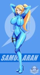 big_breasts blonde_hair blue_eyes breasts fully_clothed hourglass_figure ilustretsspoks metroid nintendo pale_skin ponytail samus_aran seductive skin_tight smirk zero_suit_samus