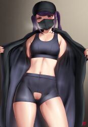 1girls baseball_cap bike_shorts black_shorts black_sports_bra blush exhibitionism female female_pervert finalcake flashing flashing_at_viewer hairless_pussy high-waist_shorts julianne_stingray linea_alba mask masked masked_female mouth_mask navel no_panties purple_eyes purple_hair pussy_cutout pussy_peek shorts small_breasts solo sports_bra standing sweat thick_thighs thighs toned toned_female va-11_hall-a variant_set