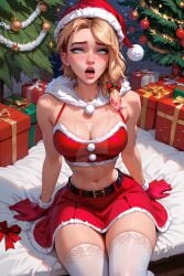 ahe_gao ahe_gao ai_generated blonde_hair christmas christmas_clothing christmas_outfit gwen_stacy marvel marvel_comics medium_breasts naughtygirlsai santa_costume santa_hat short_hair skinny