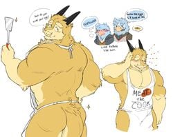 2017 apron ass avian bird blue_feathers blush bulge clothed clothing dragon english_text facial_hair feathers fur horn male male_only muscular muscular_male partially_clothed seintaur spatula speech_bubble text yellow_fur