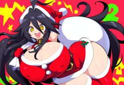 1girls ahoge ai_generated amber_eyes black_hair christmas christmas_clothing christmas_outfit covered_nipples female long_hair mullon novelai original original_character sorceress sorceress_sophia voluptuous voluptuous_female yellow_eyes