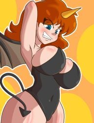 1girls 2025 artlaccer_(artist) big_breasts bimbo brown_hair clothed clothing demon demon_girl demon_horns demon_tail demon_wings devil female female_only full_body horns huge_breasts leotard light_skin looking_at_viewer mario_(series) nintendo princess_daisy sideboob simple_background soles solo standing tail underboob wings