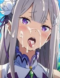 1girls ahe_gao ahe_gao ai_generated blush clothed cum cum_drip cum_in_mouth cum_on_face cum_on_hair cum_on_tongue cute cute_face drooling drooling_cum drooling_tongue elf elf_female emilia_(re:zero) female female_only long_hair looking_at_viewer morindar open_eyes open_mouth purple_eyes re:zero_kara_hajimeru_isekai_seikatsu silver_hair tongue tongue_out