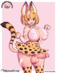 1futa areolae balls big_breasts breasts cum cum_on_body cum_on_breasts cum_on_face cum_on_penis erection full-package_futanari futa_only futanari intersex kemono_friends kruth666 looking_at_viewer nipples panties panties_aside penis serval_(kemono_friends) solo testicles thighhighs