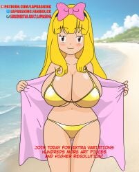 ashley_(pokemon) ashley_ketchum beach beach_background beach_towel bikini blonde_hair blush game_freak gender_bender genderbent genderswap_(mtf) gold_bikini golden_bikini laprasking large_breasts nintendo pokemon revealing_bikini rule_63 satoshi_(pokemon) smiling_at_viewer