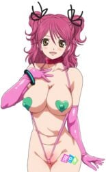 breasts cheria_barnes collar erect_nipples large_breasts mizuryuuland nipples open_mouth partially_visible_vulva plump sling_bikini sling_bikini_aside swimsuit tales_of_(series)