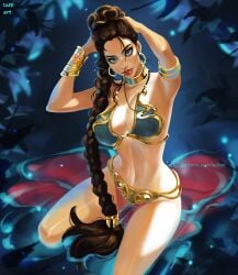 1girls abstract_background armpits arms_up blue_eyes large_breasts on_knees ponytail princess_leia_organa slave slave_bikini tagme tatti_art tattiart