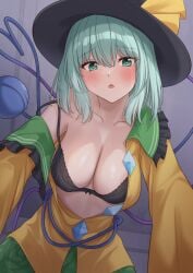 all_fours aroused bedroom black_lingerie blush from_below heart-shaped_pupils highres in_heat koishi_komeiji large_breasts naughty_face open_clothes pinned pinning_down pov ramie_(ramie541) third_eye touhou