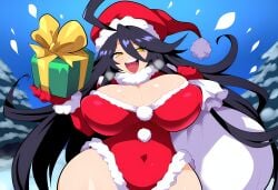 1girls ahoge ai_generated amber_eyes black_hair christmas christmas_clothing christmas_outfit covered_nipples female gift gift_box long_hair mullon novelai original original_character present snow sorceress sorceress_sophia voluptuous voluptuous_female yellow_eyes