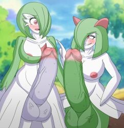 2futas cock eroticaquatic forest futa_only futanari gardevoir generation_3_pokemon green_hair grin height_difference huge_breasts hyper_balls hyper_cock hyper_penis kirlia musk musk_clouds nipple_slip nipples outside penis pointing pokemon pokemon_(species) red_eyes self_upload size_difference skirt smirk surprised veiny_balls veiny_penis white_dress