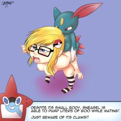 1boy 1girls 2017 anthro arm_grab dialogue duo duo_focus eyewear female from_behind_position furry glasses group high-angle_view human human_on_anthro interspecies male mammal mostly_nude nintendo open_mouth original_character penetration pokemon pokemon_(species) pokemon_gsc pokemon_sm pokemon_trainer pokephilia rotom_pokedex semi-anthro sex shioronot signature size_difference sneasel straight text video_games