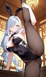 ai_generated bunnysuit female genshin_impact leg_hold shenhe_(genshin_impact)