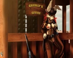 absurd_res animal_humanoid brown_body brown_fur cabin clothing cowboy_hat cowboy_outfit desert drqube female floppy_ears fur genitals green_eyes gun hair handgun hat headgear headwear hi_res humanoid ineffective_clothing lagomorph lagomorph_humanoid leporid leporid_humanoid looking_at_viewer mammal mammal_humanoid nipples ponytail pussy rabbit rabbit_humanoid ranged_weapon reclining red_hair revolver revolving_rifle rifle sheriff sheriff_badge solo solo_focus text weapon