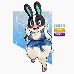 4_fingers 4_toes animal_crossing animal_humanoid anthro areolae biped black_fur black_lips black_lipstick black_nails blue_background blue_clothing blue_eyes blush blushing blushing_at_viewer bouncing_breasts bow breasts bunny_ears bunny_girl cleavage cleavage_window clothed clothing denim denim_clothing dotty_(animal_crossing) feet female female_only fully_clothed fur furry furry_female high_heels juicy_thighs jumping large_ass large_breasts makeup markings markings_(fur) nail_polish necklace nipple_piercing nipple_slip nipples painted_nails pink_nipples rabbit rabbit_ears rabbit_girl rabbit_humanoid raccoon_sama romper shorts shortstack simple_background smiling smiling_at_viewer teeth teeth_showing thick_eyebrows thick_hips thick_thighs thin_waist toes video_game_character waving waving_hand white_body white_fur wide_hipped_female wide_hips wide_thighs yandere