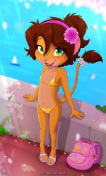 2026 3:5 4_fingers absurd_res accessory anthro backpack bag bikini blurred_background blush brown_hair clothed clothing day detailed_background digital_drawing_(artwork) digital_media_(artwork) digital_painting_(artwork) english_text felid feline female fingers fur gold_bikini golden_week green_eyes hair hair_accessory hi_res keiko_sakmat light lion looking_at_viewer mammal orange_body orange_fur painting_(artwork) pantherine piporete sea signature skimpy smile smiling_at_viewer solo sunlight swimwear text two-piece_swimsuit water young young_anthro young_female
