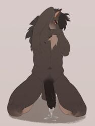 3:4 abs anthro areola balls big_penis black_areola black_eyebrows black_hair black_nipples black_penis bodily_fluids canid canine chest_tuft claws colored cum cum_on_ground digital_drawing_(artwork) digital_media_(artwork) erection eyebrows fingers front_view genital_fluids genitals hair hand_behind_head hi_res humanoid_genitalia humanoid_penis inner_ear_fluff kneeling looking_at_viewer maison_6 male mammal muscular navel nipples pecs penis pinup pose simple_background snout solo tuft vein veiny_penis yellow_eyes