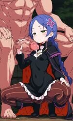 ai_generated big_penis blue_hair clothed expressionless green_eyes handjob holding_penis leaking_cum legs_spread meili_portroute muscular_male perky_breasts petite_body petite_female pussy_outline re:zero_kara_hajimeru_isekai_seikatsu size_difference small_breasts squatting thick_thighs veiny_penis wide_hips