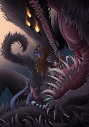 bared_teeth bestiality blue_ears blue_nose blue_tail breasts brown_hair caressing_face chest_mouth circe_(pankallisti) claws clothing dark_souls duo eyewear female female_on_feral feral fromsoftware fur glasses glowing glowing_eyes grey_body grey_fur grinding_on_penis hair heart_symbol hi_res humanoid larger_male legwear long_hair male male/female mammal monster nightmare_fuel pankallisti paws prosthetic prosthetic_arm prosthetic_limb ribs size_difference smaller_female sulyvahn's_beast tail teeth teeth_showing teratophilia thigh_highs torn_clothing