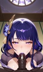 ai_generated bbc big_breasts bitch blowjob blowjob_face hair purple purple_lipstick raiden_shogun vacuum_blowjob