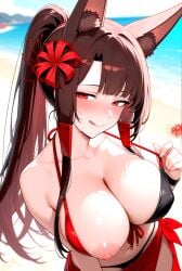 1girl ai_generated akagi_(azur_lane) azur_lane beach big_breasts bikini bikini_top_pull black_bikini_bottom black_bikini_top black_wristband blush breasts brown_hair female_only flower_in_hair fox_ears fox_girl hair_accessory hair_ornament heart licking_lips long_hair multicolored_bikini one_breast_out one_nipple_out ponytail red_bikini_top red_eyes red_sarong red_spider_lilies sarong seductive_eyes seductive_look seductive_smile ship_girl smile solo_female teasing tongue tongue_out wristband
