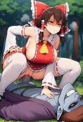 ai_generated big_ass big_breasts clothed_sex enjoying enjoying_rape femdom hakurei_reimu hand_on_another's_chest hand_on_hip interspecies menacing missionary_position narrow_waist no_panties outdoors reimu_hakurei reverse_rape self_upload serious_look shadowed_eyes sideboob tied_up touhou