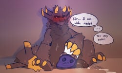3_toes 4_claws 5:3 anthro black_body black_fur black_penis blush bodily_fluids briggsy_(kingkuga) caught_in_the_act caught_masturbating claws clothing cum dragon english_text feet fur genital_fluids genitals grey_body grey_fur hat headgear headwear hi_res horn humanoid_genitalia humanoid_penis kingkuga looking_away male masturbation mythological_creature mythological_scalie mythology nude penis retracting_foreskin scalie short_male shortstack sitting solo spread_legs spreading text toes yellow_eyes